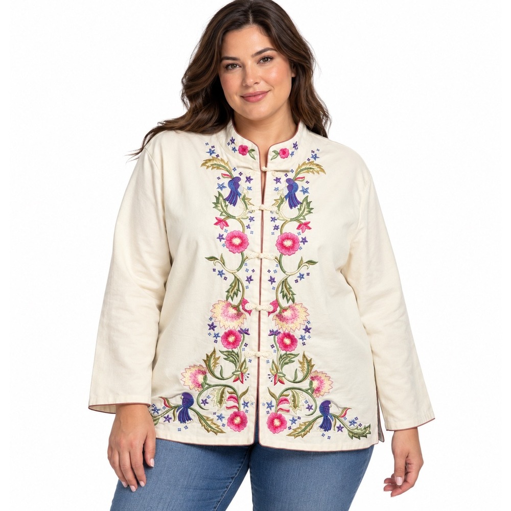 Yi Lin Women 1X Cream Embroidered Floral Bird Frog Closure Cotton Jacket A04571